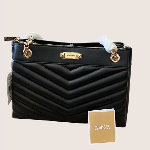 MICHAEL Michael Kors Whitney Black Quilted Gold Chain-Handle Shoulder Tote - Picture 4 of 15